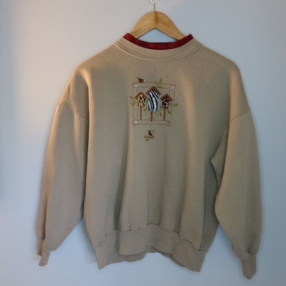 Top Stitch By Morning Sun Sweatshirt Womens Petite Beige Birdhouse Appliqué